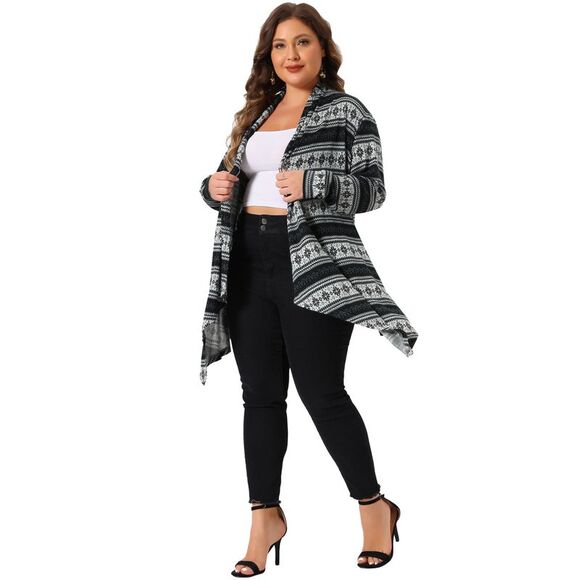 Plus Size Front Open Cardigan Lightweight Boho Striped Sweaters Black - Picture 3 of 6